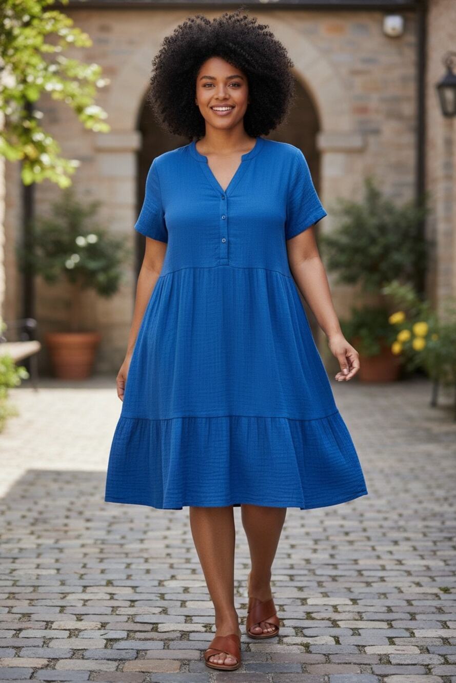 J. Jill Womens Cotton-Gauze Tiered Dress Short Sleeve Plus Size 2X Blue